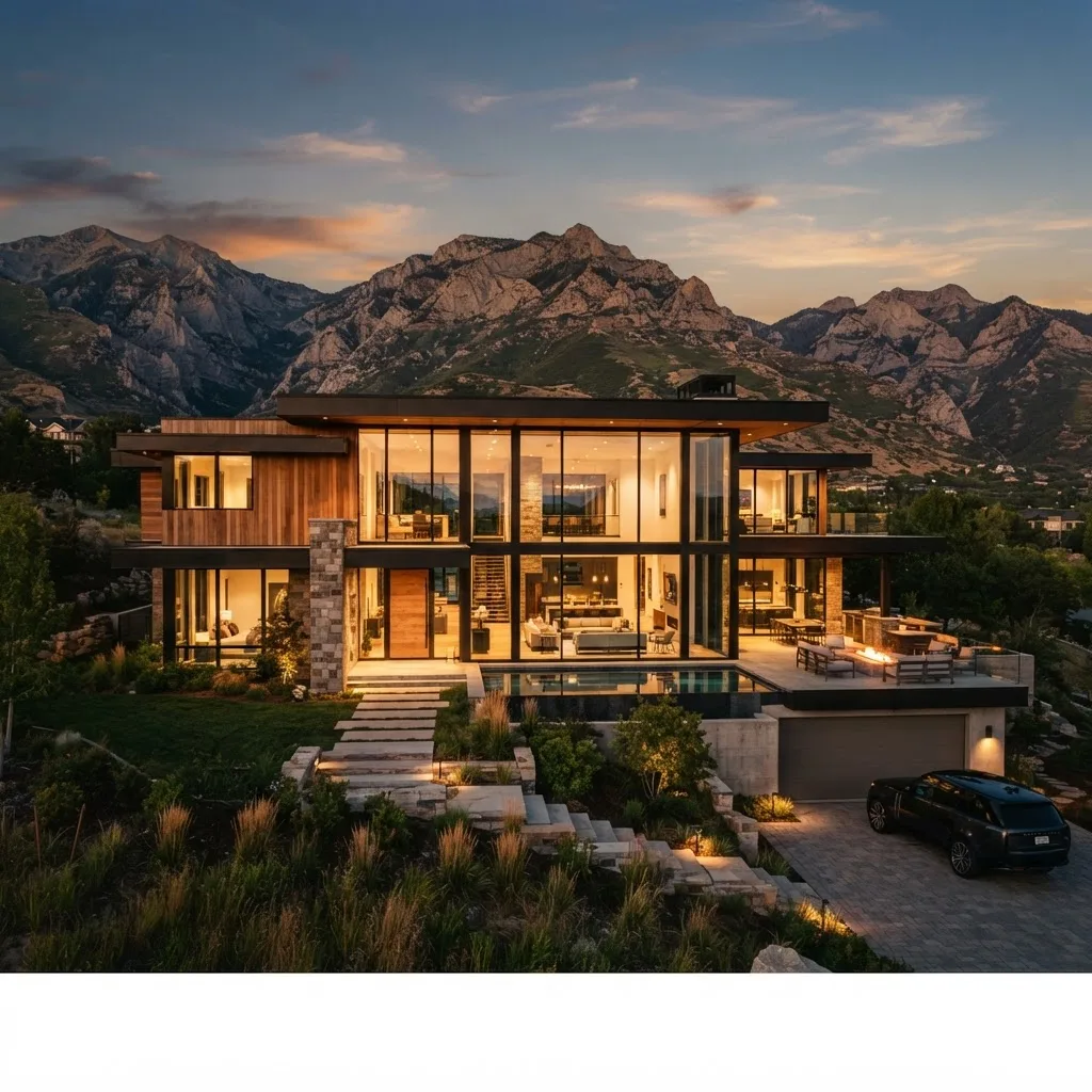 Luxury modern Utah home at golden hour with Wasatch mountains behind it
